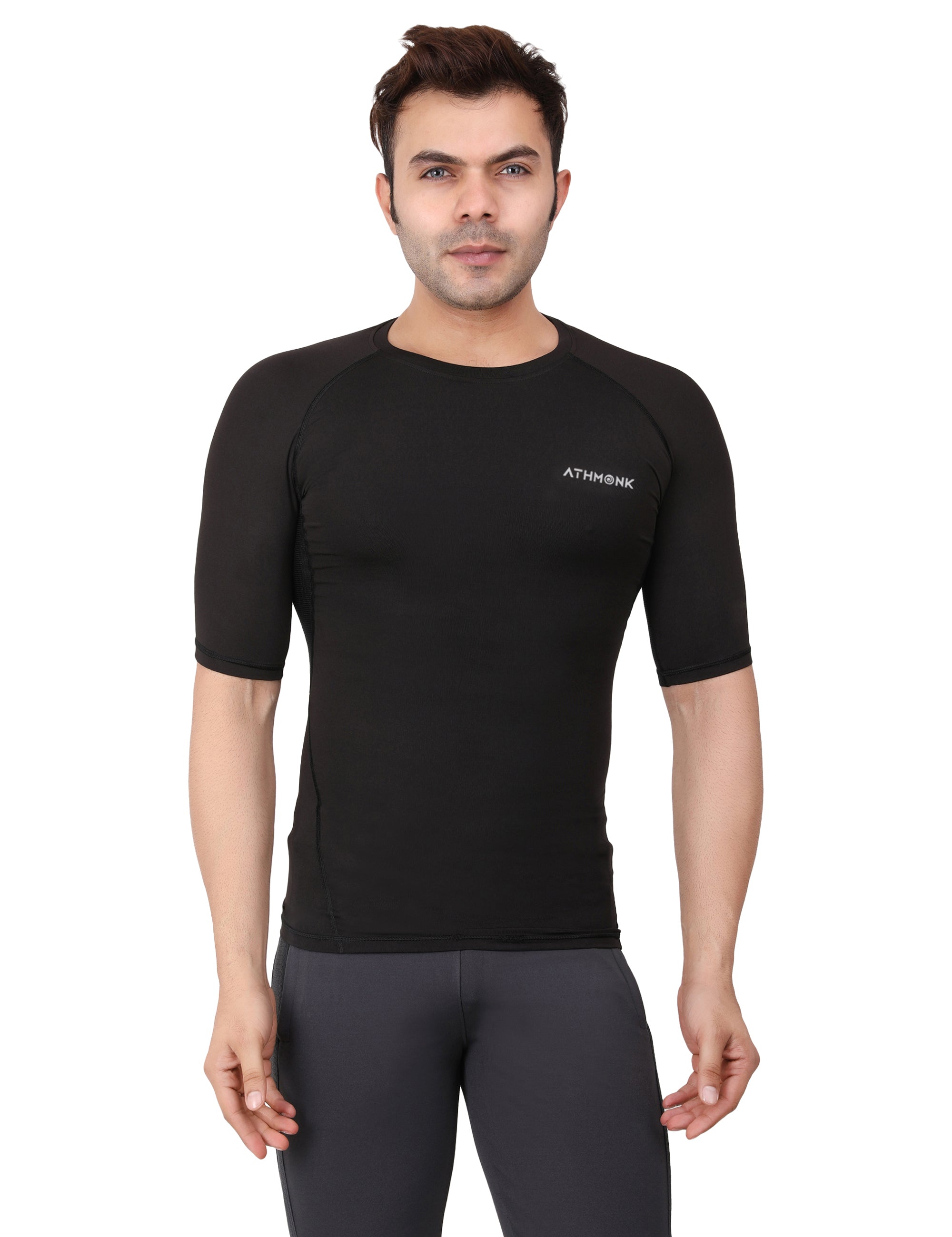 Athmonk Compression T-Shirt Vest Body Shaper Half Sleeve for Men Boys Branded - Nylon Lycra Fabric - Workout Gym Cricket Football Sports Training - Keep Dry Tight Skin Fit - Round Neck